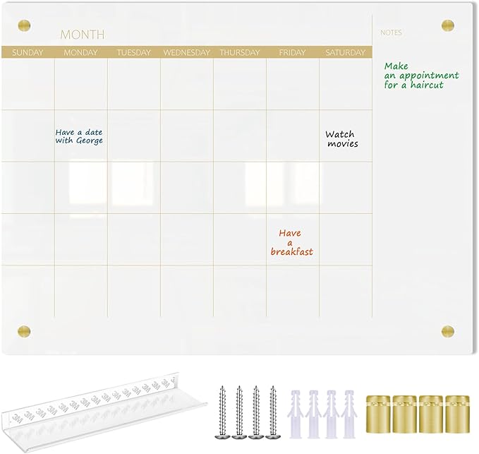 Glass Dry Erase Calendar Whiteboard for Walll, Small Monthly Calendar Glass White Board, 11.8"x15.7", Planner Board for Home, Office, School（ Monthly-WH-3040）