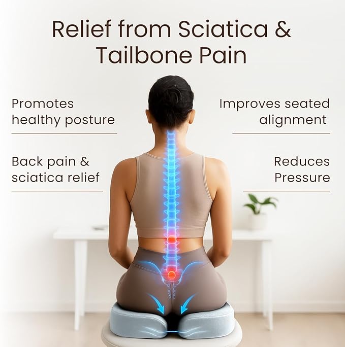 Sleepavo Gray Memory Foam Seat Cushion for Office Chair - Pillow for Sciatica, Coccyx, Back, Tailbone, Lower Back Pain Relief - Orthopedic Chair Pad Lumbar Support in Office Desk, Car, Airplane