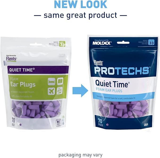 Flents Protechs Foam Ear Plugs, 70 Pair for Sleeping, Snoring, Loud Noise, Traveling, Concerts, Construction, Studying, Work, Shooting, NRR 33, Noise Cancelling, Disposable Purple, Made in the USA