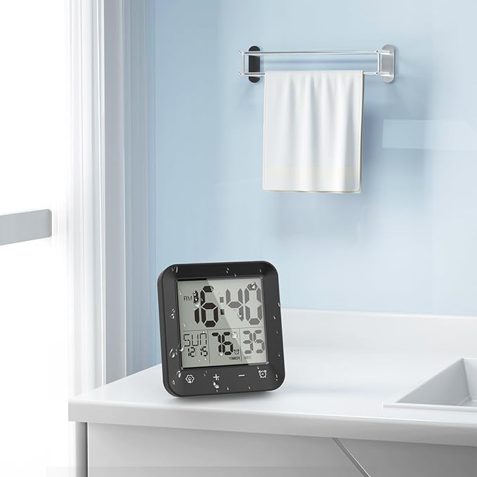 Shower Clock Waterproof Bathroom Timer, Digital Wall Clock with Countdown, Touch Screen, Temperature, LCD Display, Suction Cup Hanging Hole Stand for Kids and Adults