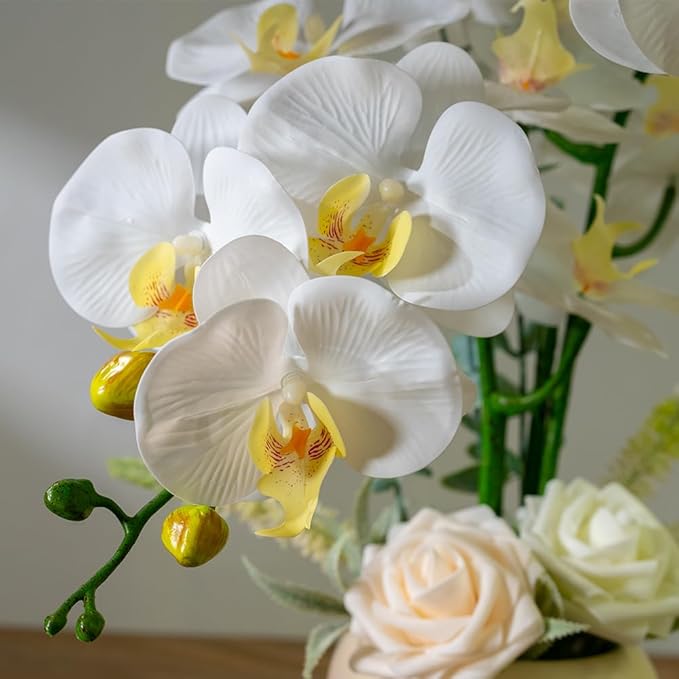 LESING Artificial Orchid Flower with Vase, White Orchid Bonsai Faux Orchid Phalaenopsis Plant Pot Arrangements for Home Decoration (White,Beige Vase)