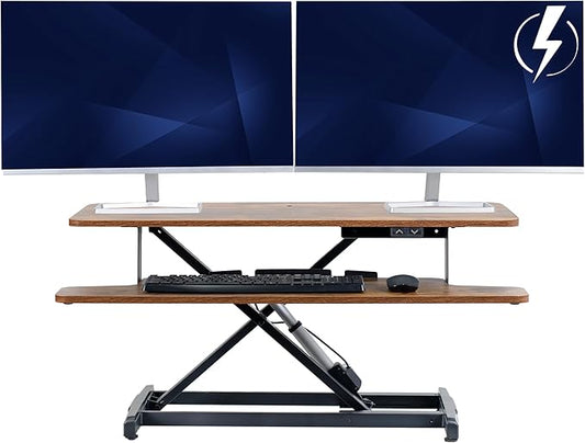 VIVO 36 inch Electric Motor Desk Converter, Height Adjustable Riser, Sit to Stand Dual Monitor and Laptop Workstation with Wide Keyboard Tray, Vintage Brown, DESK-VE36N