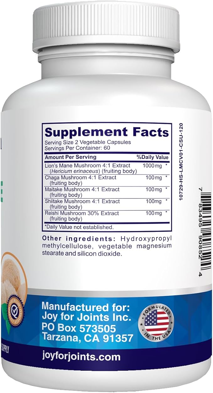 Lions Mane Supplement Capsules - Mushroom Extract: Chaga, Maitake, Reishi & Shiitake Mushrooms | Pure Fruiting Body | Mental Clarity, Focus, Cognitive Support | 120 Veggie Caps