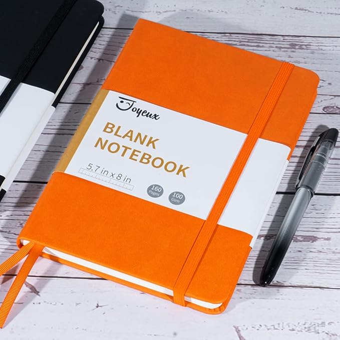 JOYEUX Blank Journal Notebook, A5, 160 Pages 100 Gsm Thick Sketch Books Hardcover Journal for Writing, 5.7 inches x 8 inches Notebooks for Work, Study (Orange)
