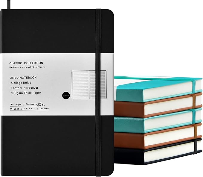 Coopay 6 Pack A5 Journal Notebooks Bulk, 160 Pages, 100GSM Thick Paper, 8.3 x 5.5 inch Hardcover Lined Leather Journals for Writing Office School Business Work Men Women (Black/Brown/Green)