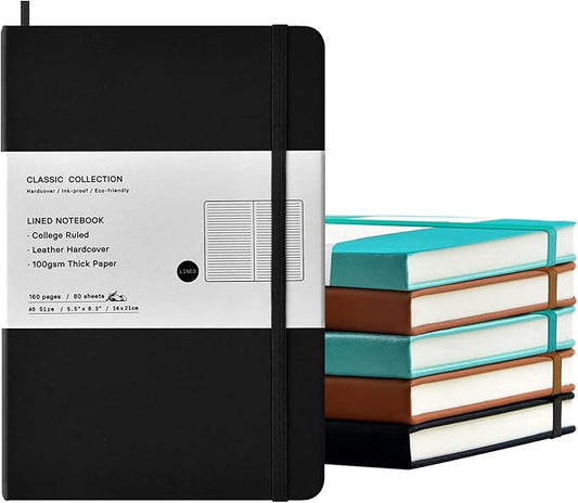 Coopay 6 Pack A5 Journal Notebooks Bulk, 160 Pages, 100GSM Thick Paper, 8.3 x 5.5 inch Hardcover Lined Leather Journals for Writing Office School Business Work Men Women (Black/Brown/Green)