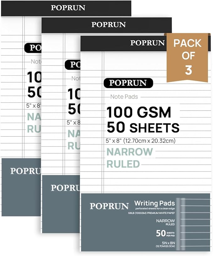 POPRUN Small White Legal Pads 5 x 8 Narrow Ruled, 100GSM Writing Paper Pad, Bulk Lined Notepad Notebooks for Work School, Classroom Office Supplies, 3 Pack