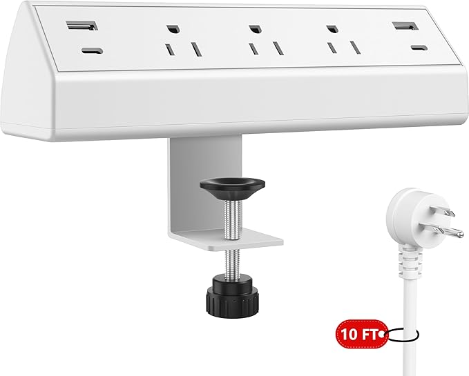 Desk Clamp Power Strip,40W Fast Charging Station,Desktop Mount Surge Protector,2 PD 20W USB C Ports,3 Outlets for Home,Office,Fit 1.9" Tabletop Edge (White, 3 Outlets & 4 USB Ports & 10 FT Cable)