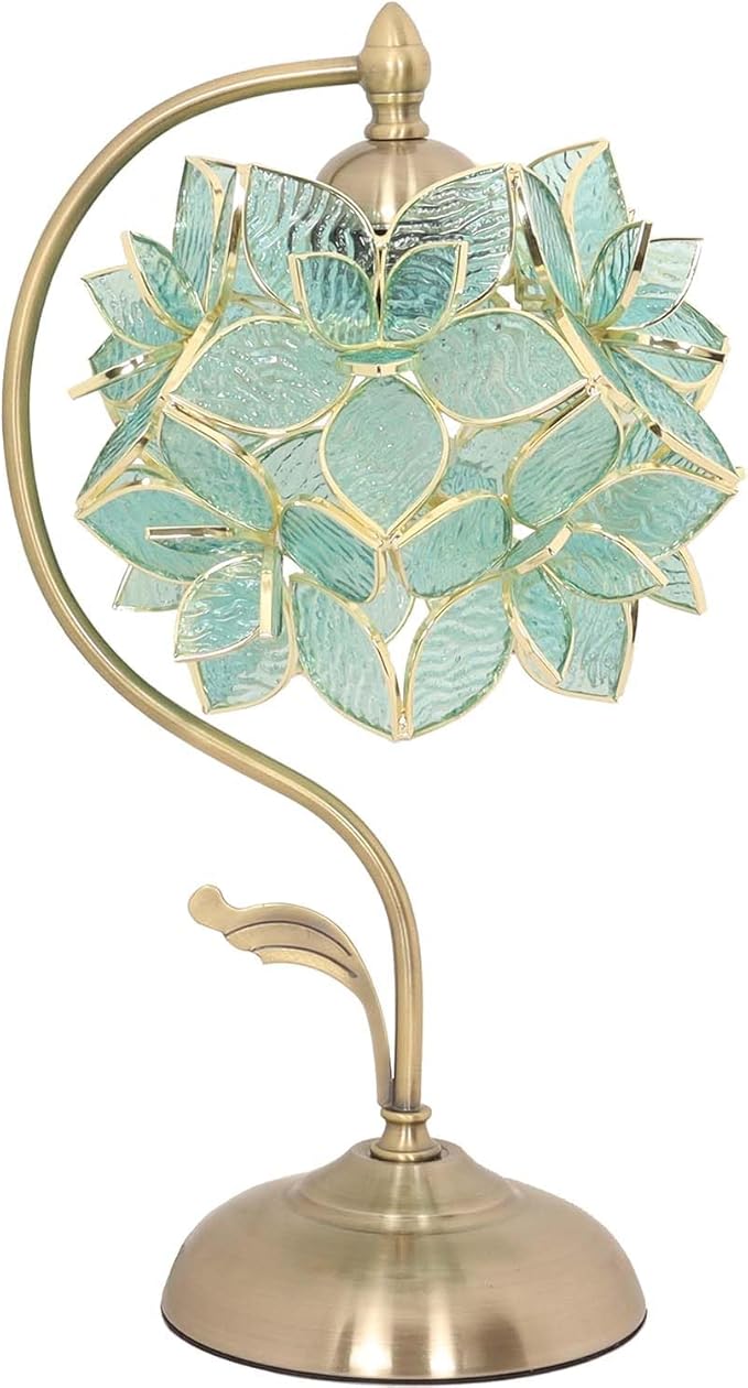 Bieye L10960 Tiffany Style Stained Glass Flower Petal Table Lamp with Brass Base for Home Décor (Light Blue, 8" Rose Lily)