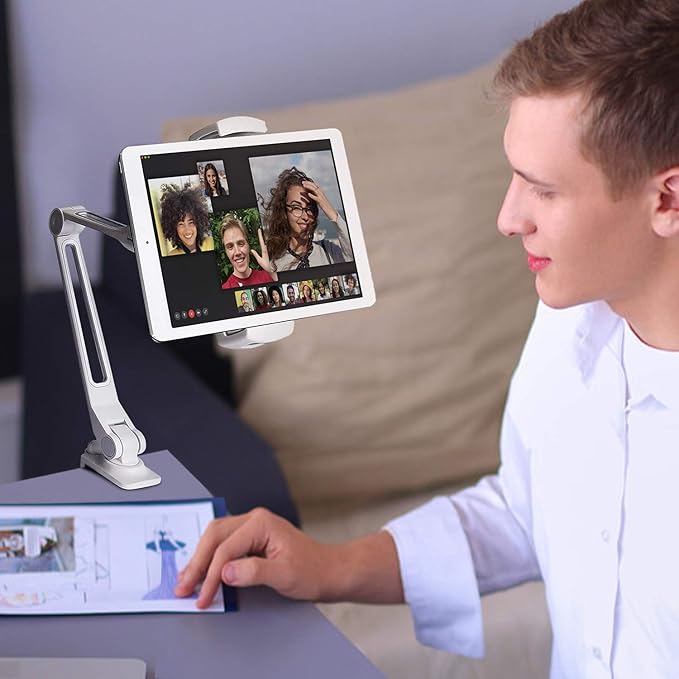 AboveTEK iPad Desk Mount, Multi-Angle Adjustable Tablet Clamp Holder, 360° Swivel Arm Aluminum Tablets Stand, Fits 4"-11" Tablet/Phone/iPad mini for Home Office Kitchen Bedside (White)