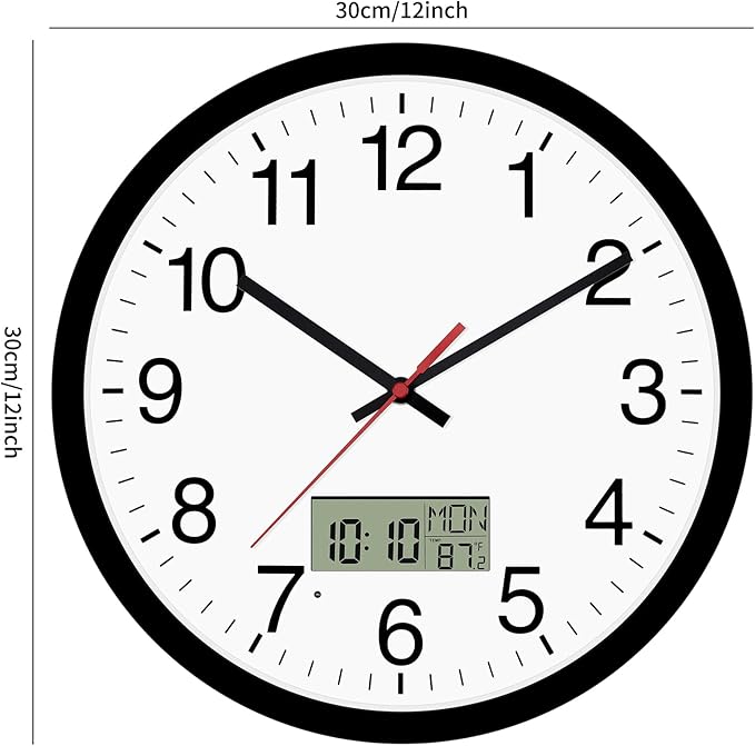 Digital Wall Clock with Lighted LCD Display Temp, Week, Switchable Time and Perpetual Calendar, DST Function, Silent Battery Operated Analog Clock for Office Bedroom Classroom (12", Black)