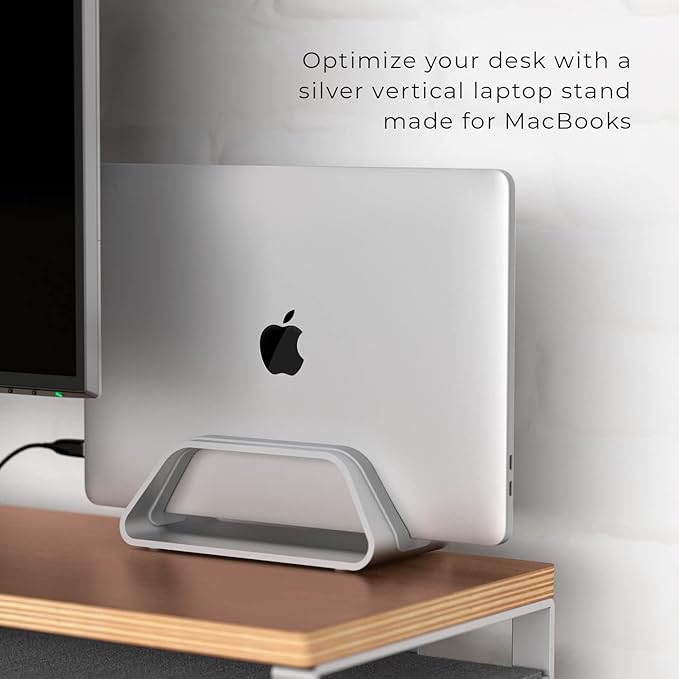 HumanCentric Vertical Laptop Stand Compatible with MacBook Pro and MacBook Air, Holder for Personal Computer Desk Stand, Aluminium, Exchangeable Inserts to Fit Different Device Models, Silver