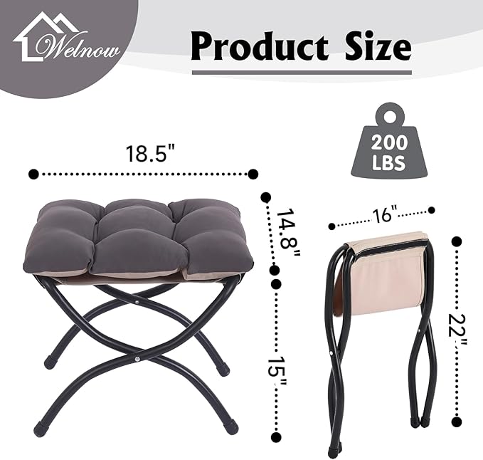 Welnow Folding Foot Stool, Upholstered Small Accent Ottoman with Detachable Thick Cotton Cushion Padded Sofa Stool and Metal Frame for Lazy Chair, Living Room, Bedroom, Dark Grey