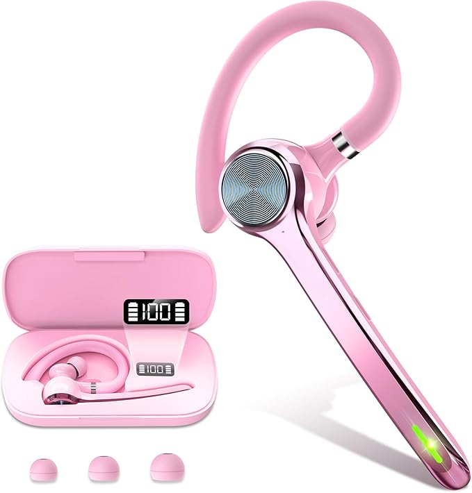 Bluetooth Headset, Wireless Bluetooth Earpiece with 500mAh Charging Case 72 Hours Talking Time Built-in Microphone for iOS Android Cell Phone, V5.1 Hand-Free Headphones for Trucker, Office-Pink