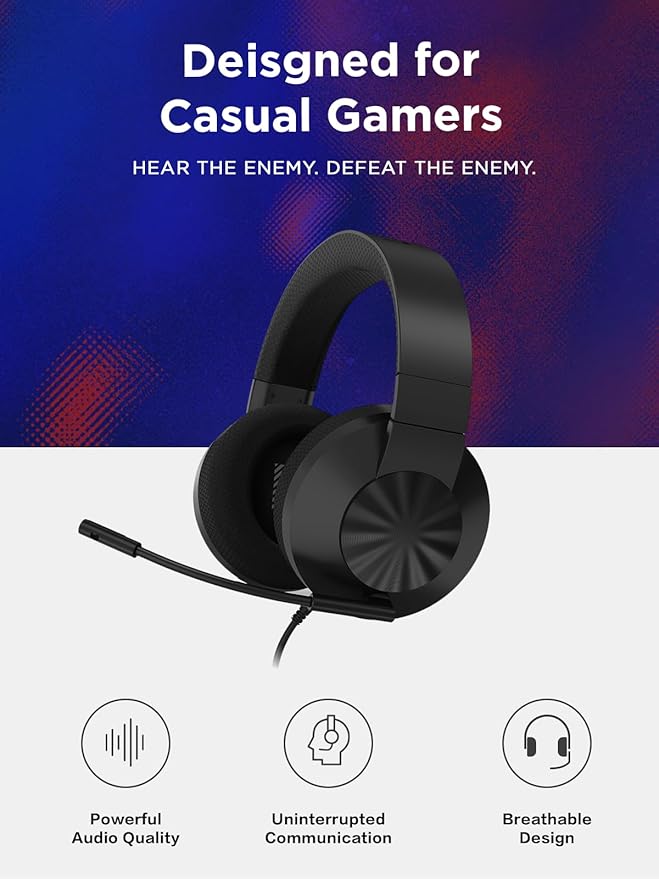 Lenovo H210 Wired Gaming Headset - 3.5mm Connection, Flip-to-Mute Noise-Cancelling Microphone, Breathable Ear Cups - Black