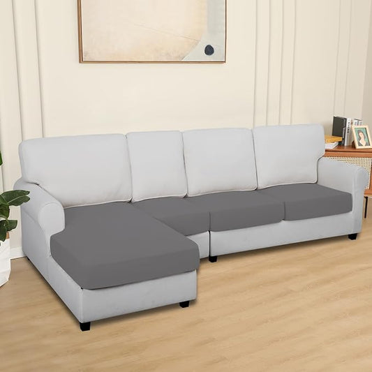 Easy-Going 100% Waterproof 4 Pieces Couch Cushion Covers for Sectional Sofa Left/Right L Shape Chaise Lounge Sofa Seat slipcover Anti-Slip Sofa Cover (3 Seater + 1 Chaise, Light Gray