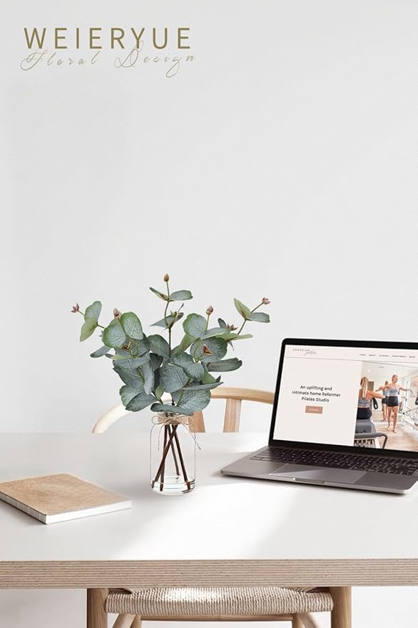 Artificial Eucalyptus Stems in Glass Vase with Faux Water,Artificial Plants Eucalyptus Leaves for Shelf Desk Bathroom Farmhouse Room Coffee Table Home Decor, Central Decoration.