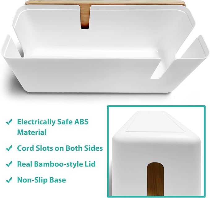 Cable Management Box with Bamboo Lid, White Cable Box Small Cord Hider Box Cord Organizer Box to Conceal Surge Protector, Desk/TV/Computer Wires, Power Strip Box Cord Management Box for Tidy Space