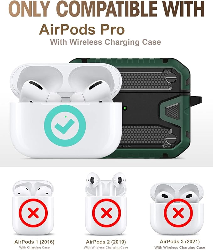 Koaichi Compatible with AirPods Pro(2nd Generation/1st Generation), Full-Body Rugged Hard Shell Protective Case Cover with Keychain Designed for AirPods Pro (2022/2019), Black/Green