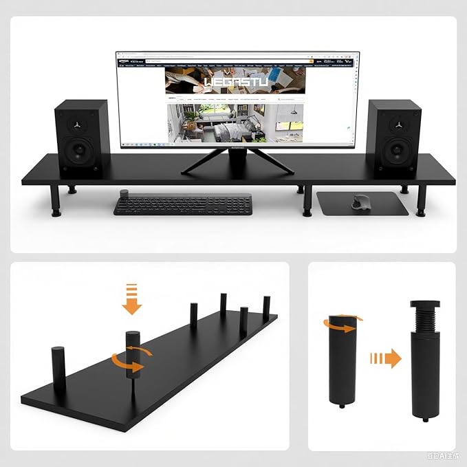 Large Dual Monitor Stand Riser 43.3IN， Home Office Storage For Desk Accessories，Solid Wod Desk With Adjustable Legs For computer/PC/Laptop/Printer/Container/dressing table (Black)