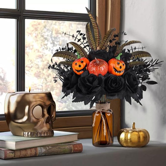 Halloween Artificial Flowers Decorations,Fake Black Roses Eucalyptus Pumpkins with Vase Arrangements Halloween Table Centerpiece for Kitchen Dining Living Room Home Indoor Decor