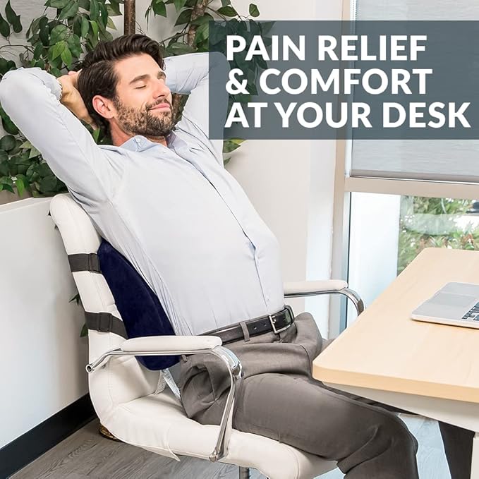 ComfiLife Lumbar Support Back Pillow Office Chair and Car Seat Cushion - Memory Foam with Adjustable Strap and Breathable 3D Mesh (Navy)