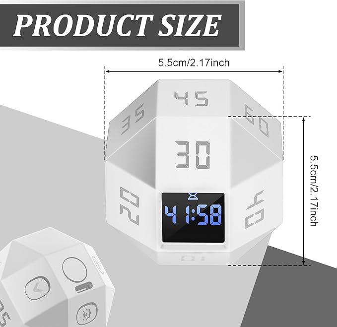 Flip Gravity Timer - 12-Side Time Management Cube with Preset Intervals, Silent Productivity Tool for Office, Study & Gym, Portable Focus Timer (White)