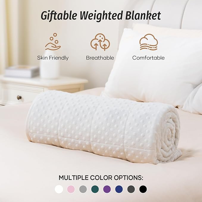 Wemore Minky Dot Weighted Blanket for Adults Queen Size 20 lbs, Soft Heavy Blanket for Stress Relief and Sleep Promotion, Breathable Blanket for All-Season with Glass Beads, White 60 x 80 inches