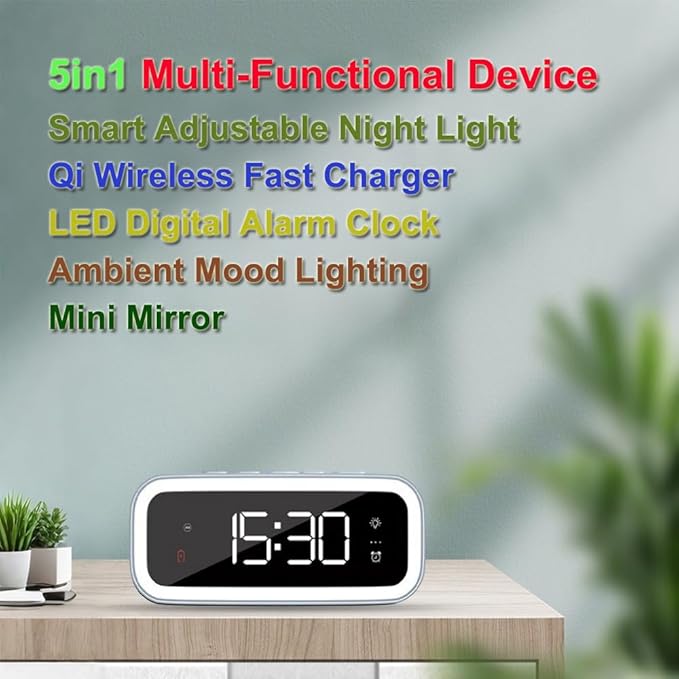 IHAO 5in1 Multi-Functional Wireless Charging Alarm Clock Smart Night Light & Qi Charger LED Digital Clock Adjustable Light Mini Mirror QXF-805