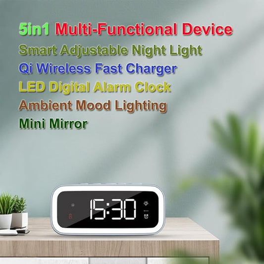 IHAO 5in1 Multi-Functional Wireless Charging Alarm Clock Smart Night Light & Qi Charger LED Digital Clock Adjustable Light Mini Mirror QXF-805