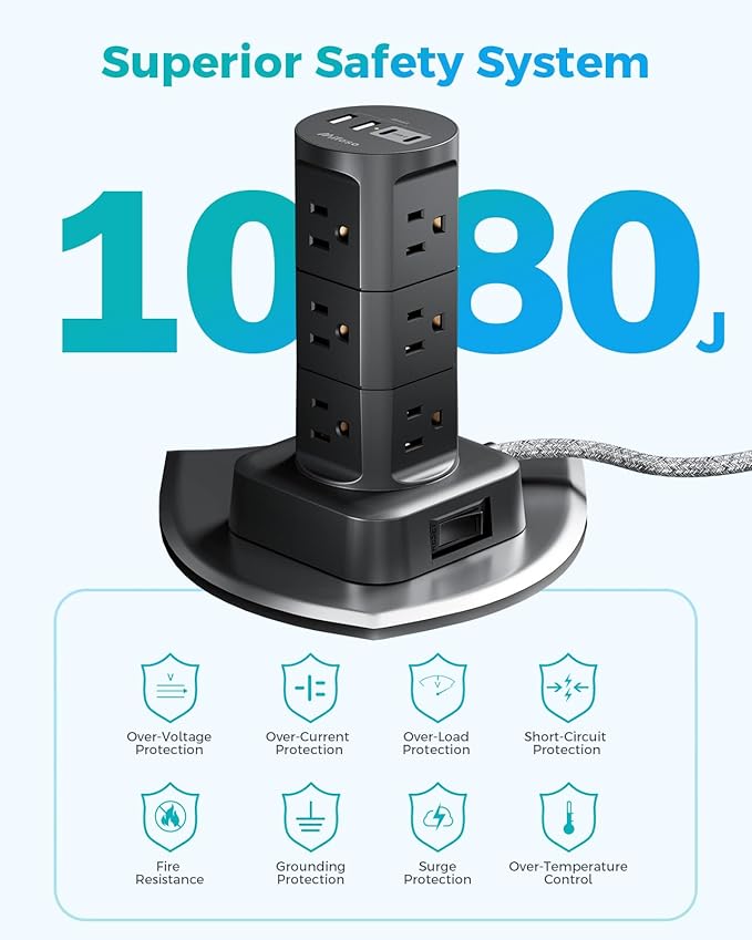 Surge Protector Power Strip Tower, Flat Plug, 6Ft Extension Cord with Multiple Outlets, 12 Outlets 4 USB Ports, Overload Protection for Office Desk Supplies, Dorm Essentials