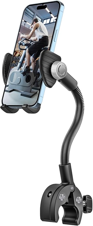 woleyi Gooseneck Phone Mount for Treadmill, Spin Bike Phone Holder Handlebar Clamp for Exercise Bike Peloton, Stationary Indoor Cycling, Stroller, for iPhone 16 Pro Max/15/14/13/12/11, 4-7" Smartphone