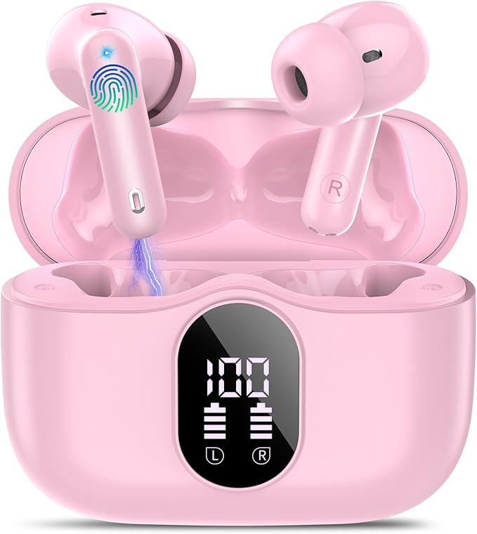 Wireless Earbuds, Bluetooth 5.4 Headphones Bass Stereo, Ear Buds with Noise Cancelling Mic, IP7 Waterproof in Ear Earphones, 36H LED Display Bluetooth Earbuds for Laptop Pad Phones Sports, Pink