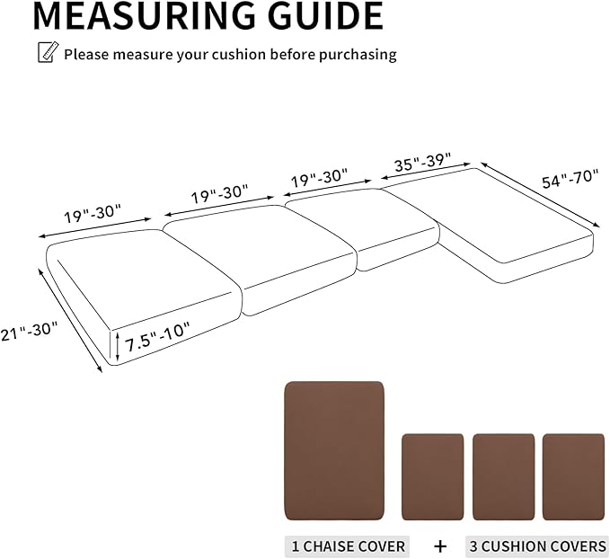 Easy-Going 100% Waterproof 4 Pieces Couch Cushion Covers for Sectional Sofa Left/Right L Shape Chaise Lounge Sofa Seat slipcover Anti-Slip Sofa Cover (3 Seater + 1 Chaise, Brown