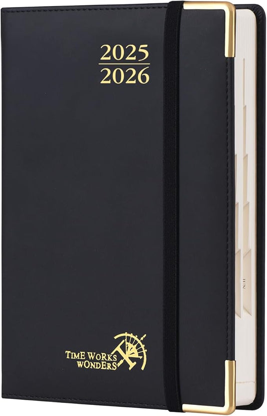 POPRUN Daily Planner 2025-2026 One Page per Day, (A5 Size 5.75" x 8.5") Academic Calendar (July25- June26) Hourly Appointment Book with Vegan Leather Hardcover, Monthly Tabs & Pocket - Black