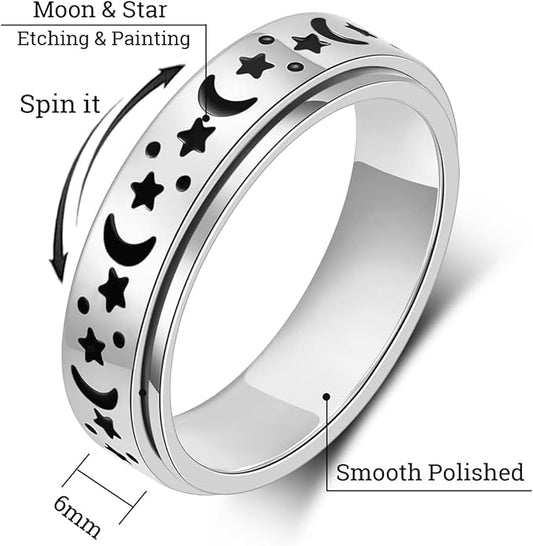 OreilleStar Anxiety Ring for Women Fidget Ring Stainless Steel Fidget Toys Adults Spinner Rings Silver Moon Star Fidgit Rings