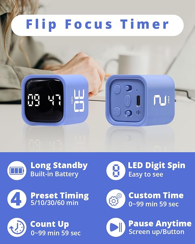 Productivity Timer Flip Gravity Sensor Cube Timer Countdown & Countup,Mute & Vibrate & Sound，5/10/30/60min & Custom Timing, Perfect for ADHD,Work,Learning,Kitchen Cooking