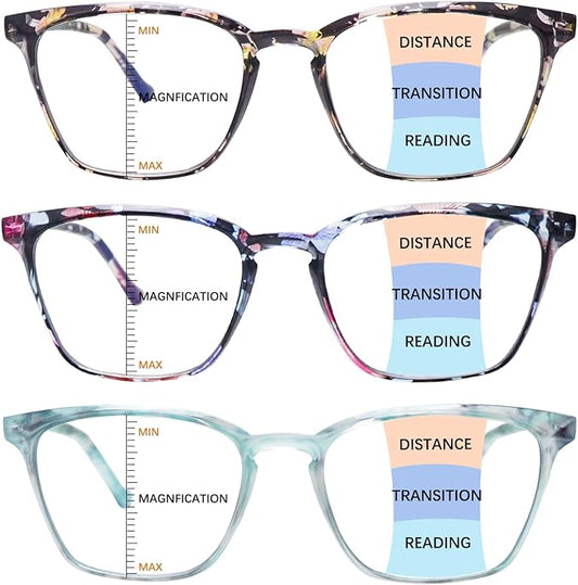 3 Pack Progressive Multifocal Reading Glasses Blue Light Blocking Spring Hinge Fashion Print Eyeglasses for women