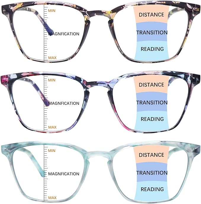 3 Pack Progressive Multifocal Reading Glasses Blue Light Blocking Spring Hinge Fashion Print Eyeglasses for women