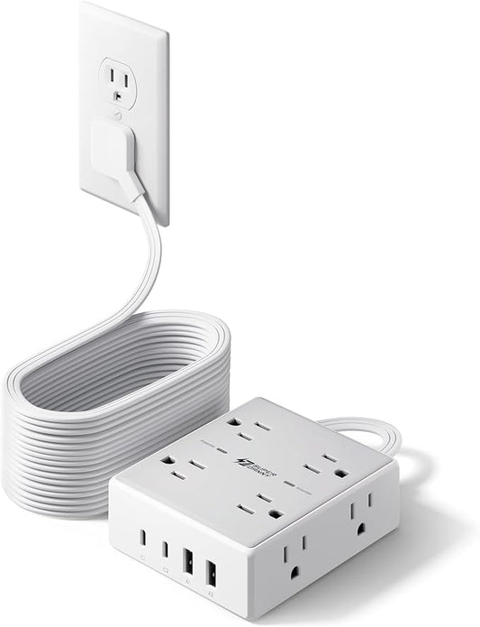 20Ft Long Extension Cord, Flat Plug Power Strip with 8 Outlets & 4 USB Ports (2 USB C), Wall Mountable Surge Protector, Desk Charging Station for Home Office, College Dorm Room Essentials