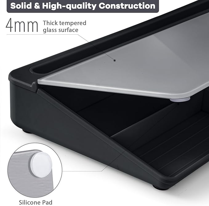 Varhomax Glass Desk Whiteboard with Storage, Desktop Organizer to-do List Memo Notepad Dry Erase White Board for Home Office and School Supplies (Black&Gray)