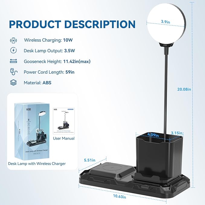 KDD 4 in 1 Desk Lamp with Wireless Charger - 360° Rotating Gooseneck Small Table Lamp with Pen Holder & Phone Stand, Adjustable White and Warm Light Dual Mode LED Desk Light for College Dorm Room