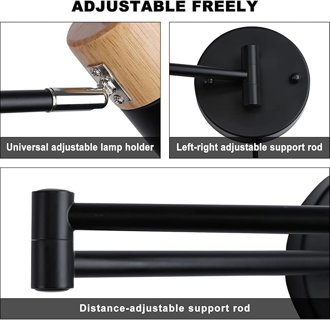 COSYLUX Modern Industrial Swing Arm Wall Lamp with Plug in Cord for Bedroom, Living Room, Office, Rotatable Lampshade Plug in Wall Sconces Light Fixture for Reading and Working, Black (NO Bulb)