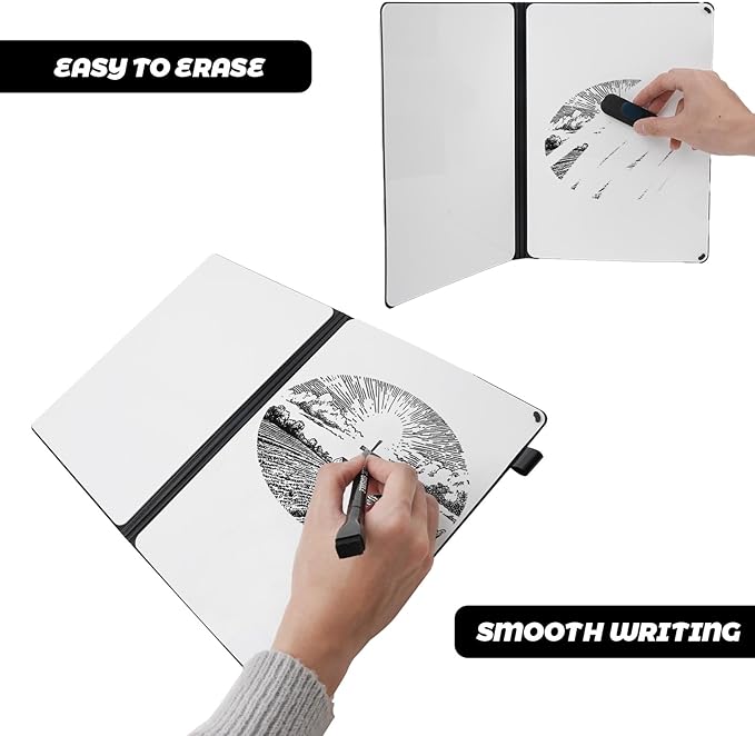 Small Portable White Board Dry Erase Notebook, 9" x 12" Double Sided Folding Whiteboards with 3 Pens, A4 Reusable Notebook with Storage Mesh Bag for Study, Meeting, Draft, Notes, Doodling