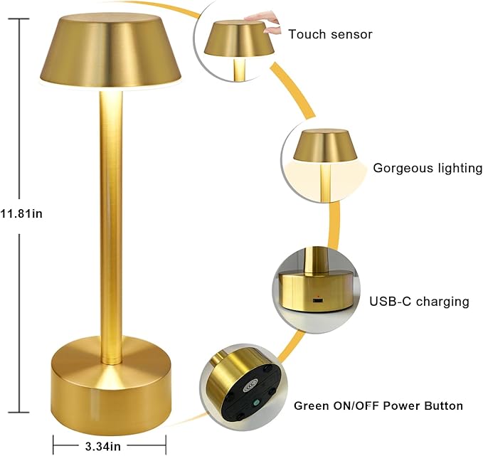 Egobasic Cordless Table Lamps, Modern Rechargeable Battery LED Desk Touch Night Light, 11.8" Metal Minimalist Small Portable Lamps for Dinner Coffee Table Restaurant Bedroom Bar Hotel, Gold