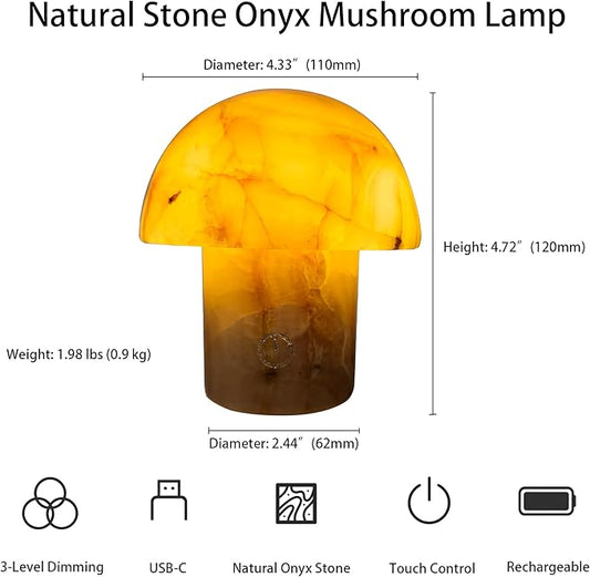 Marble Touch Table Lamp 4.3" x 4.7" – Natural Onyx Mushroom LED Night Light, Rechargeable Soft Glow Stone Bedside Lamp for Meditation, Yoga, Bedroom, Entryway Decor