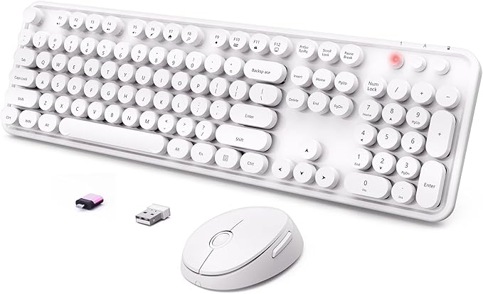 Wireless Keyboard and Mouse Combo, Ergonomic Full Size Typewriter Retro Round Keycaps Keyboard, Compatible with Windows, PC, Perfer for Home and Office Keyboards（White）