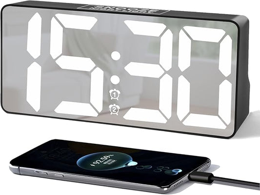 Digital Alarm Clock, Big Number LED Mirror Clock with Type C & USB Charging Port, 2 Alarms,Night Light,Dimmer,Snooze,Battery Backup,12/24H, Bedside Digital Clock for Bedroom Home Office Decor Kid Teen