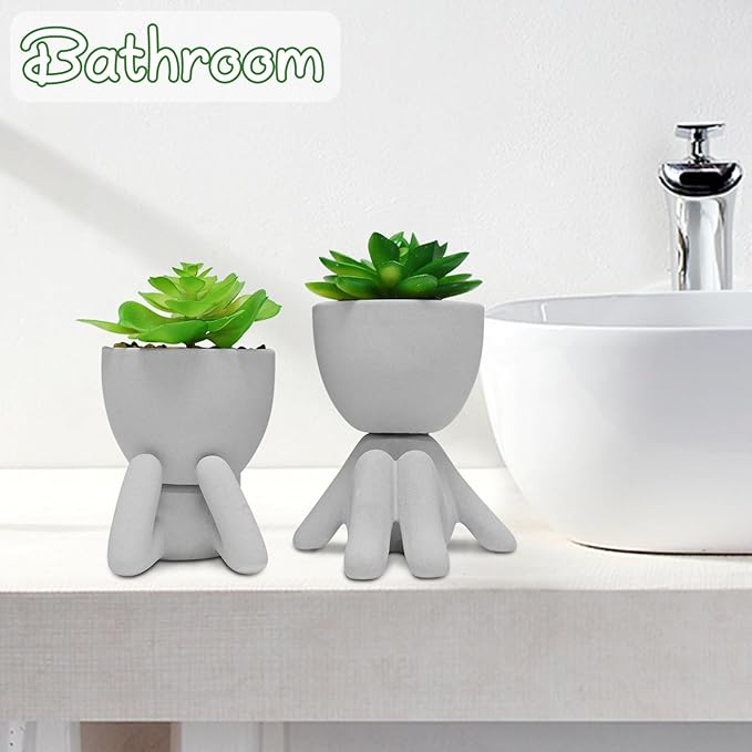 Zerzsy 2PCS Cute Artificial Succulent Plants with Creative Human Shaped Pots, Desk Decoration Artificial Plants Indoor for Home and Office Decor(Cement Gray)