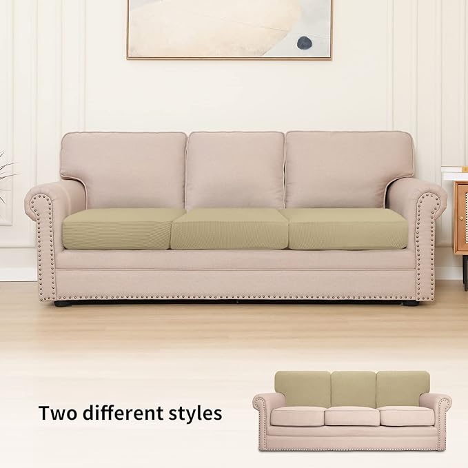 Easy-Going Stretch Individual Chair Couch Cushion Cover Sofa Cushion Furniture Protector Sofa slipcover Soft Flexibility with Elastic Bottom (3-Piece Sofa Cushion Cover, Beige)